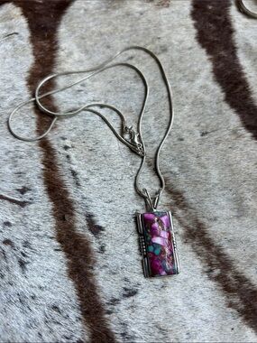 Sterling Silver spiny oyster & blue Turquoise Inlay Rectangular Pendant Necklace